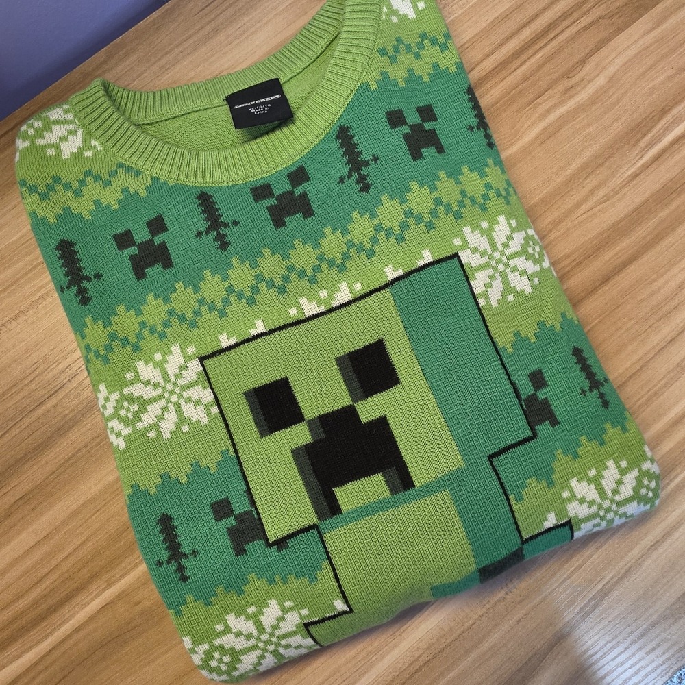Minecraft Creeper Kids Unisex Fair Isle Green Knit Christmas Sweater Size XL